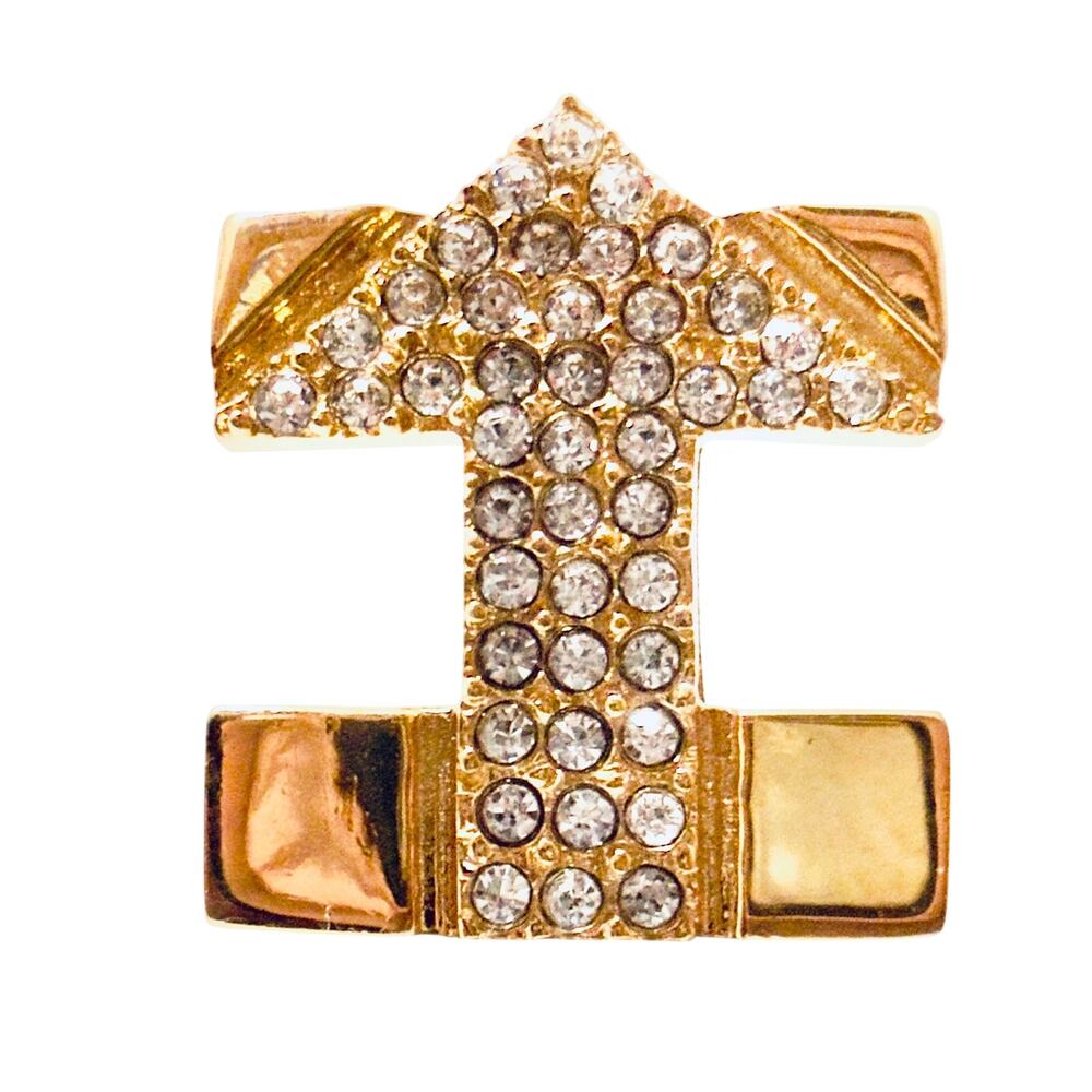 Gold Tone Rhinestone Initial Decorative Pin – “H” / “I” with Pavé Arrow – 0.875”